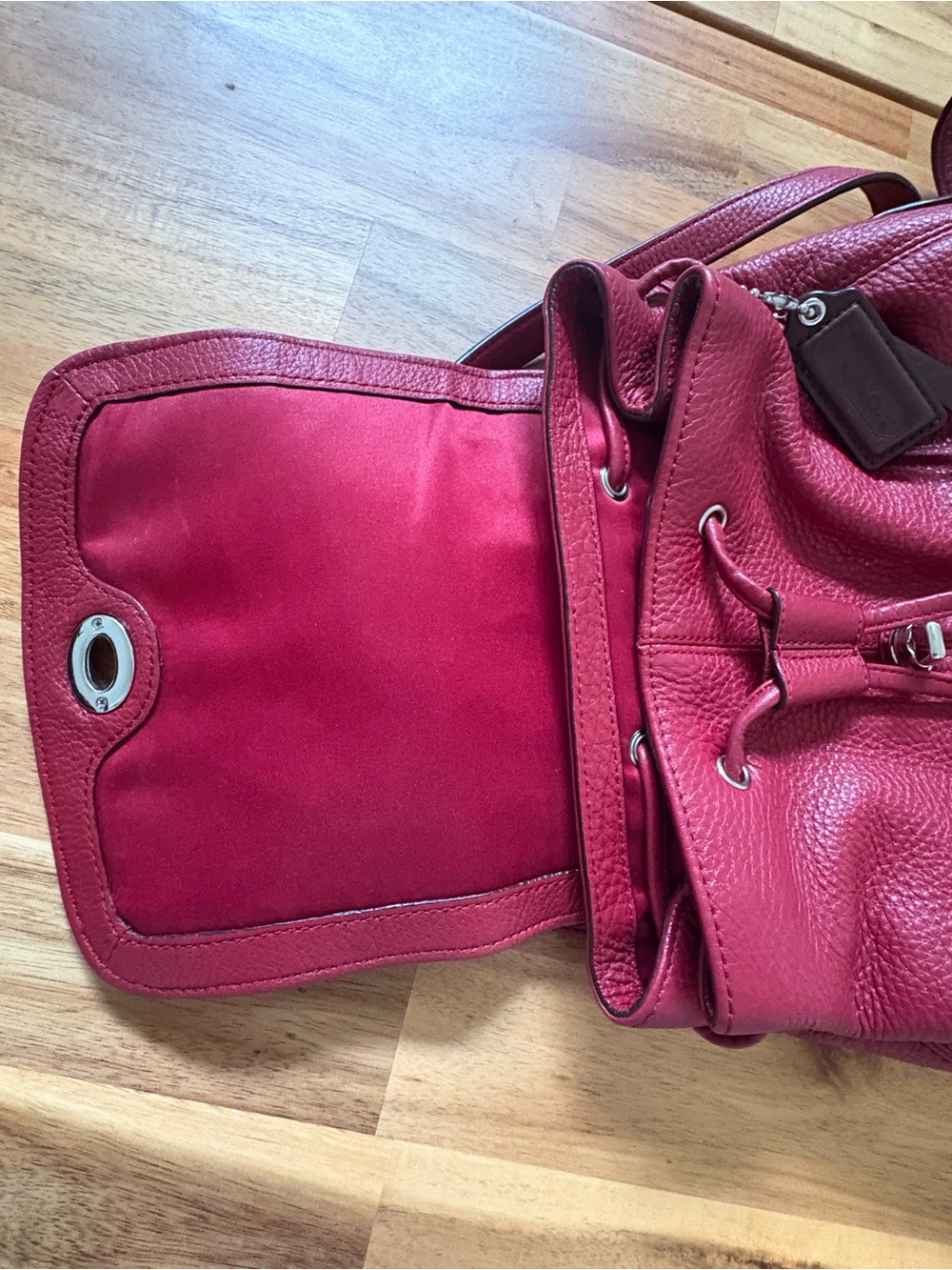 Coach Pebbled Leather Drawstring Backpack in Raspberry - Picture 6 of 13